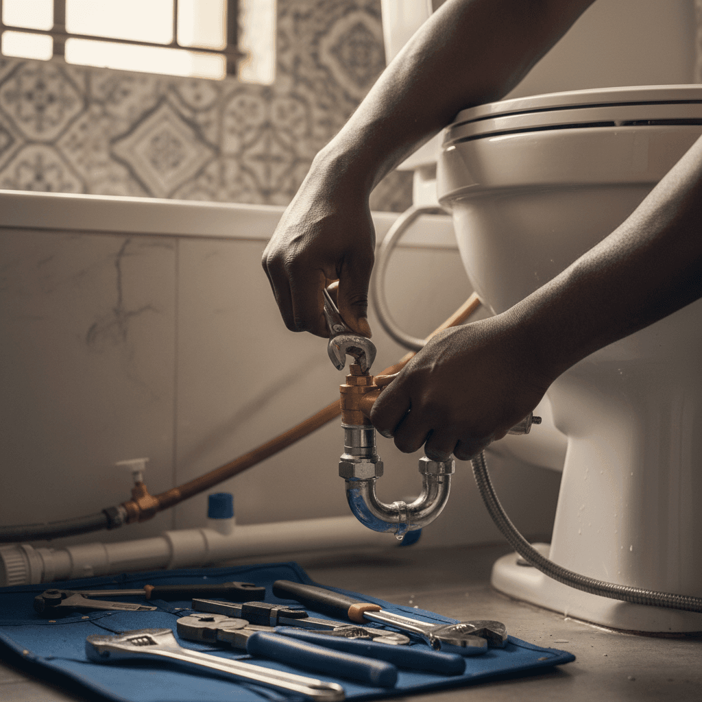 Skilled technician performing maintenance on toilet facility plumbing