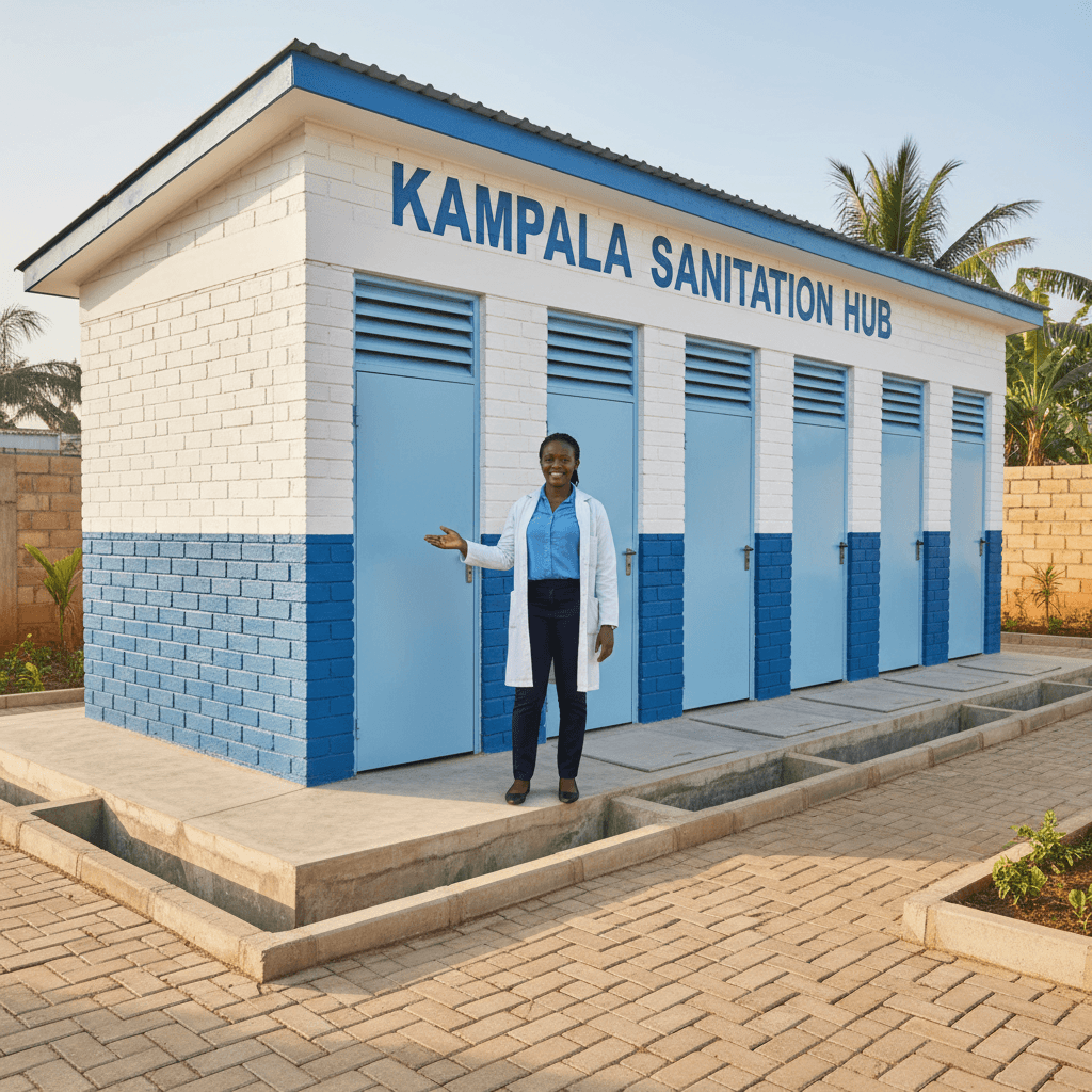 Community toilet facility with health worker demonstrating hygiene benefits