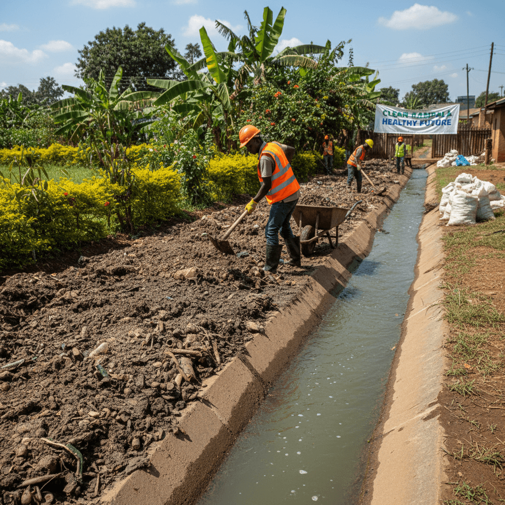 Drainage channel being cleared to prevent flooding