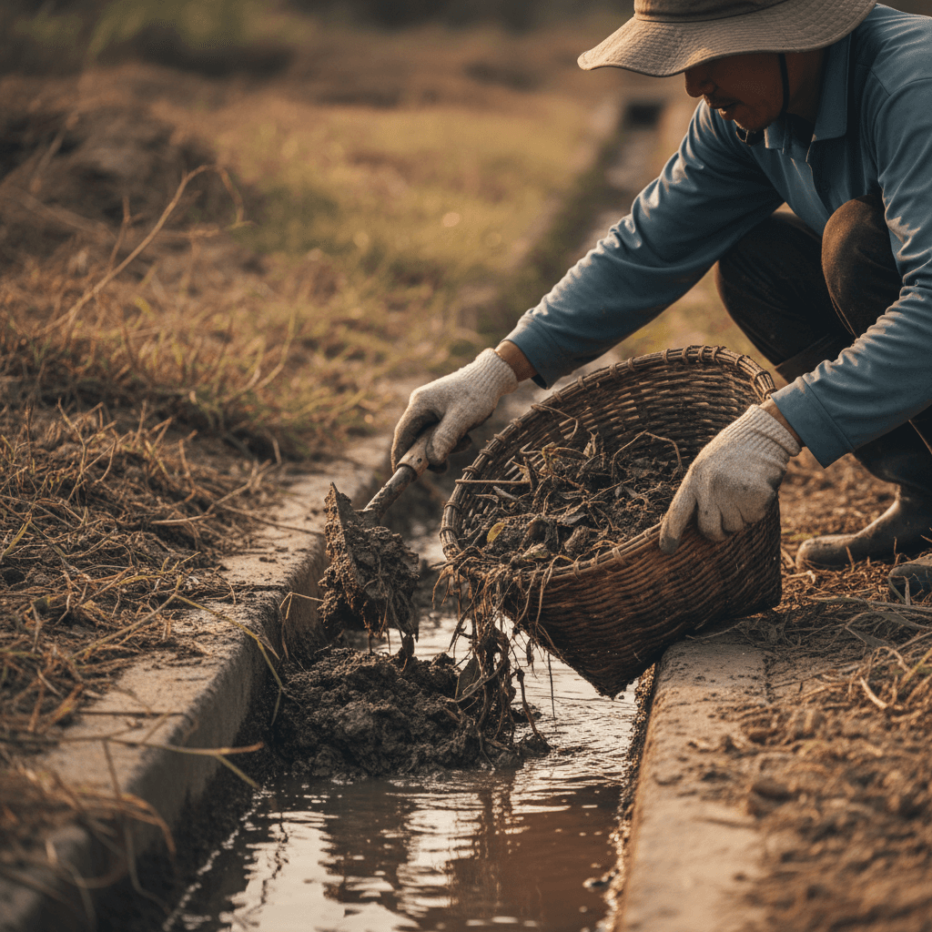 Worker performing drainage desilting to clear blockages