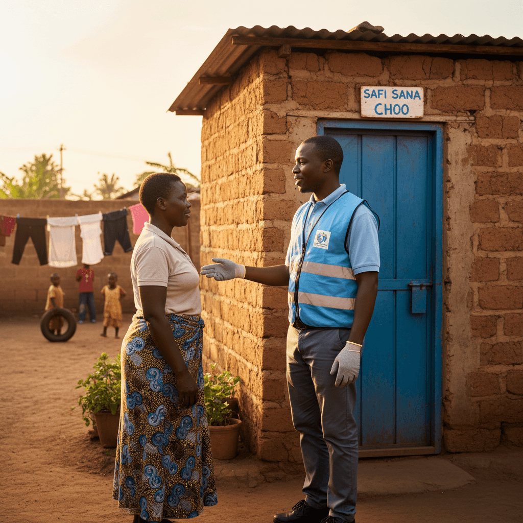 Sanitation officer providing maintenance and hygiene guidance to household