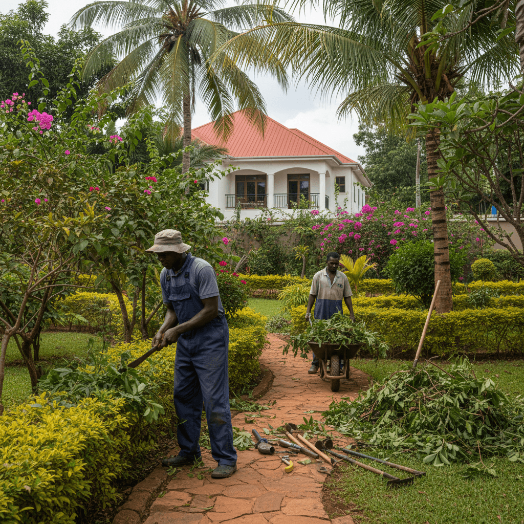 Professional landscaping and compound maintenance in action
