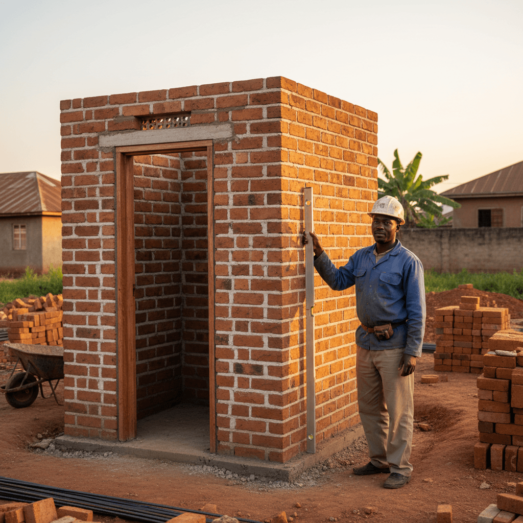 Completed toilet structure built by Rubaga Division SACCO with construction worker