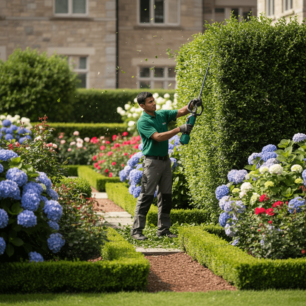 Landscaper maintaining compound and garden areas