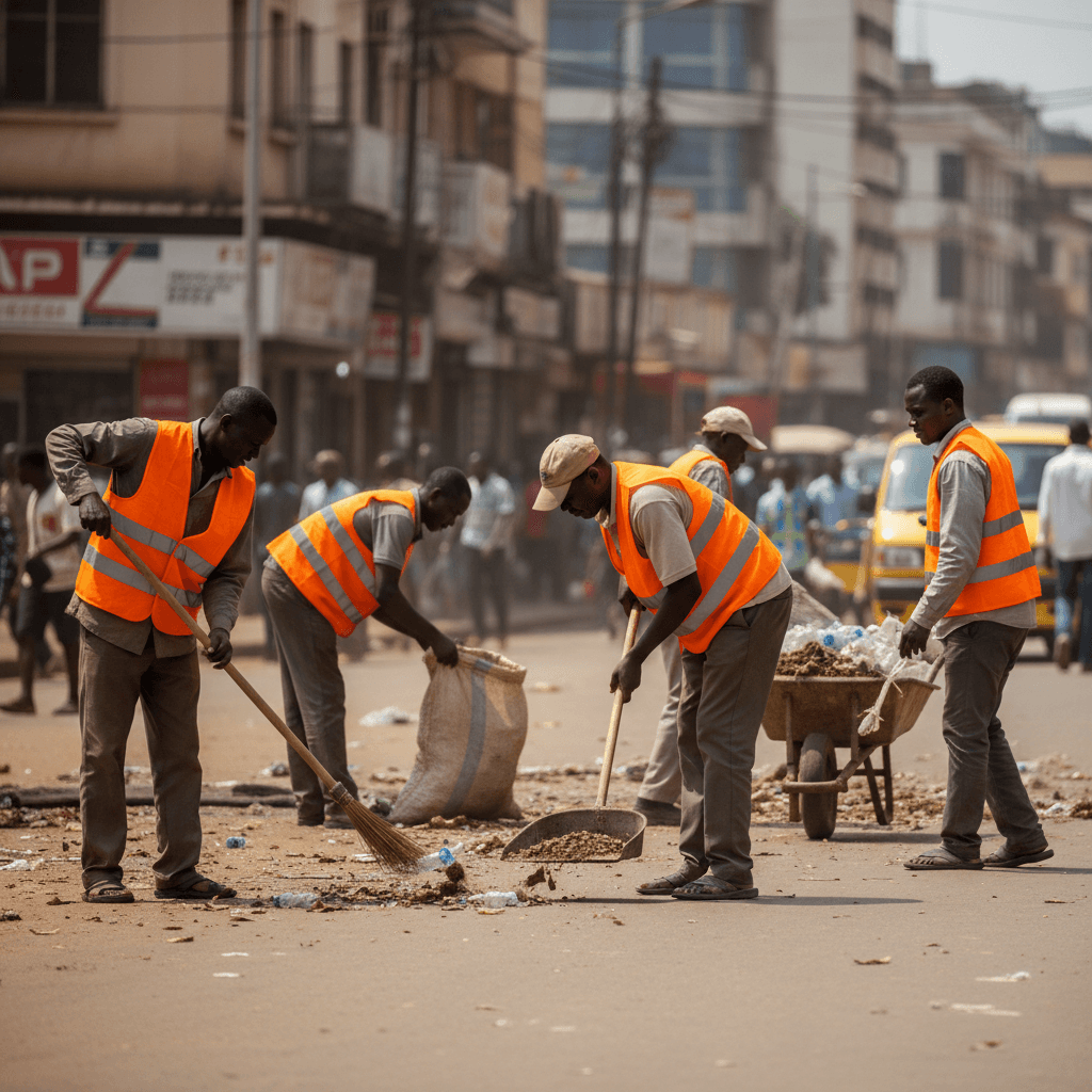 Road cleaning crew sweeping debris from Kampala street