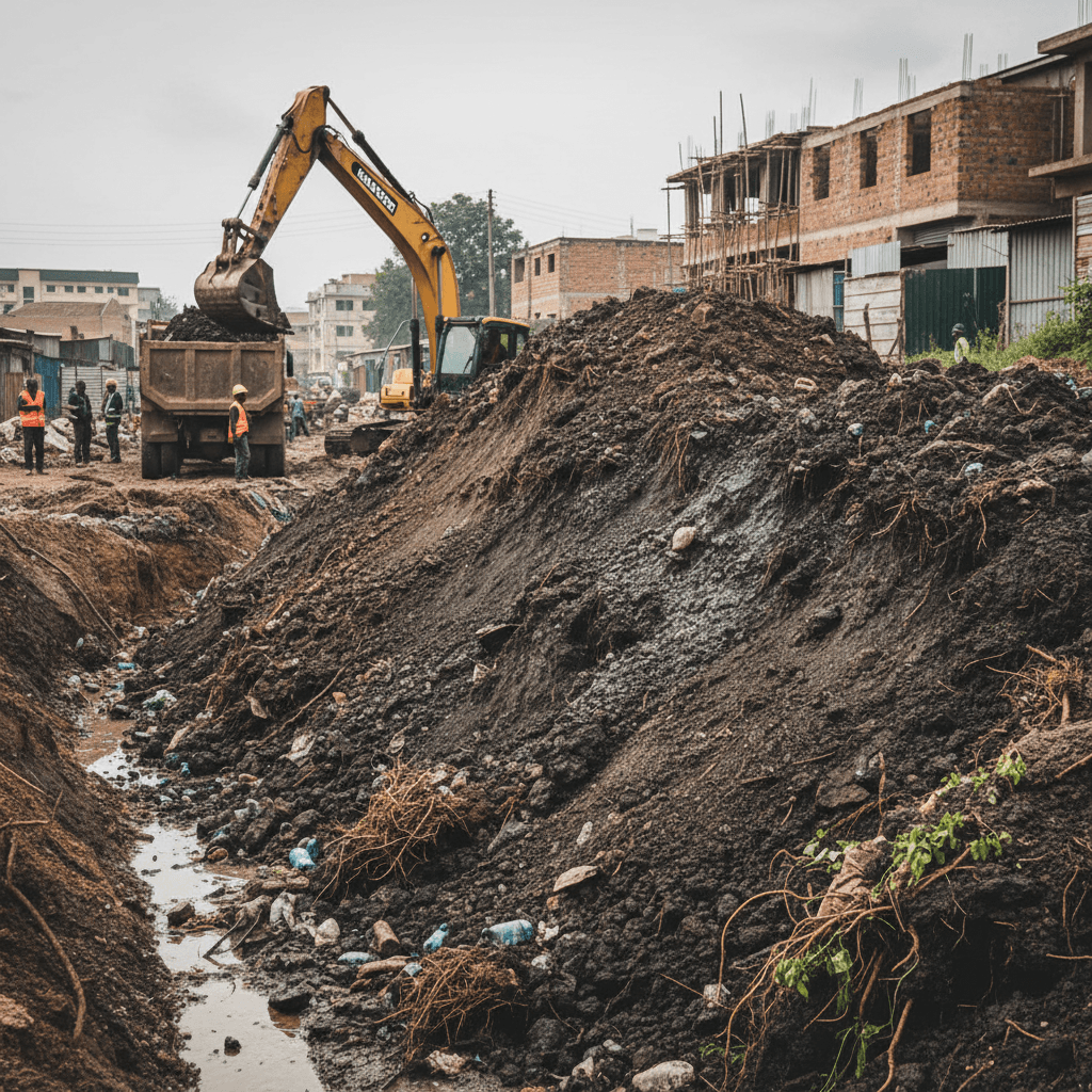 Accumulated silt and sediment removed from drainage channel