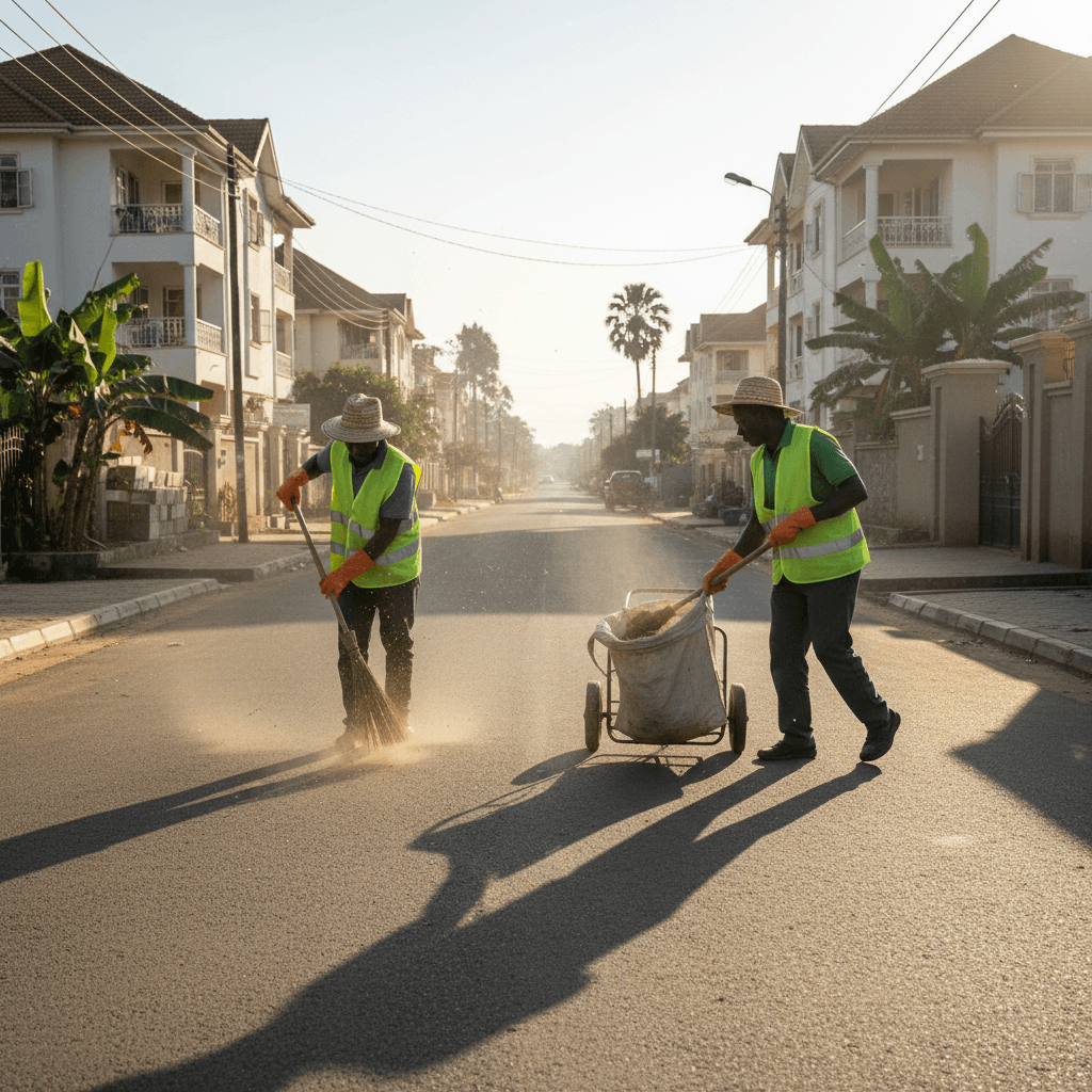 Road cleaning crew sweeping street in Kampala