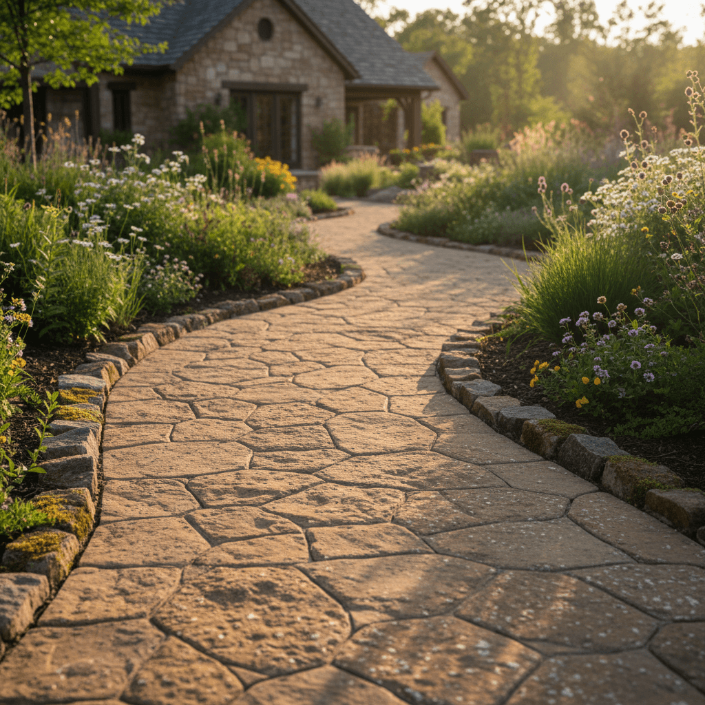 Natural stone pathway through landscaped garden