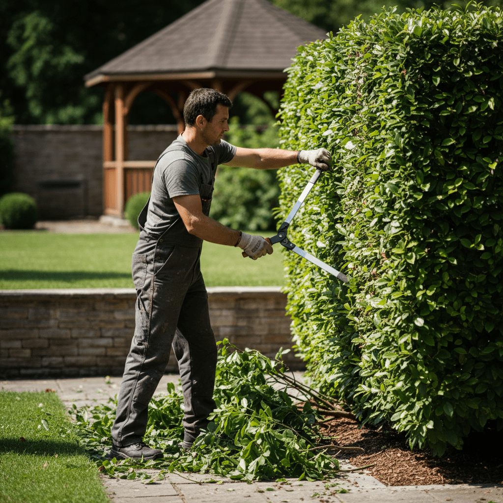 Grounds maintenance worker trimming hedge