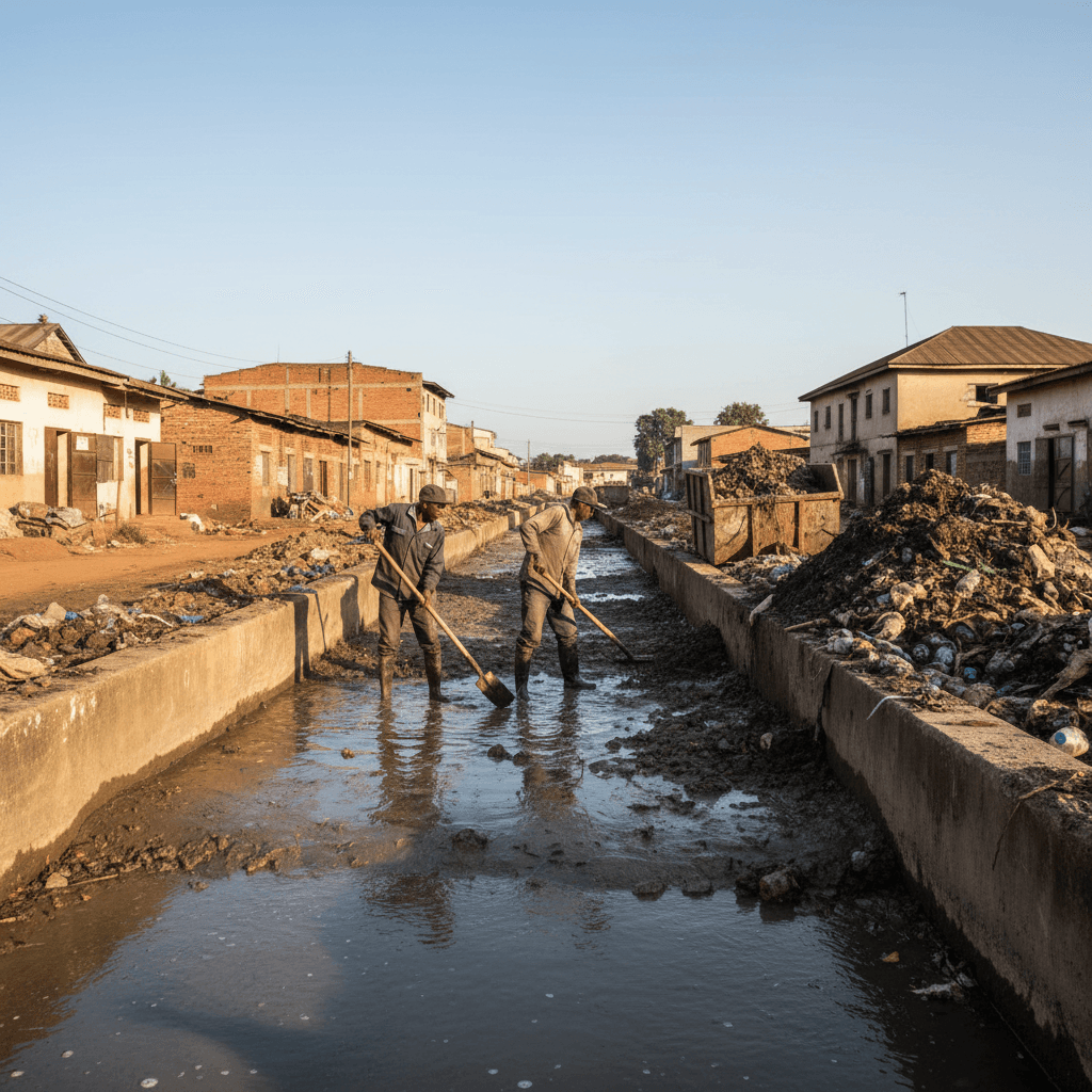 Drainage channel being cleared of silt and debris