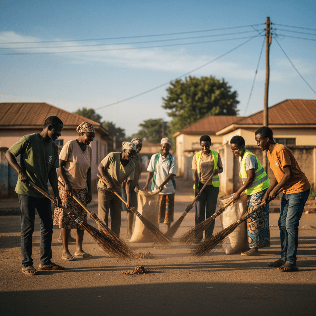 Community members working together on road cleaning