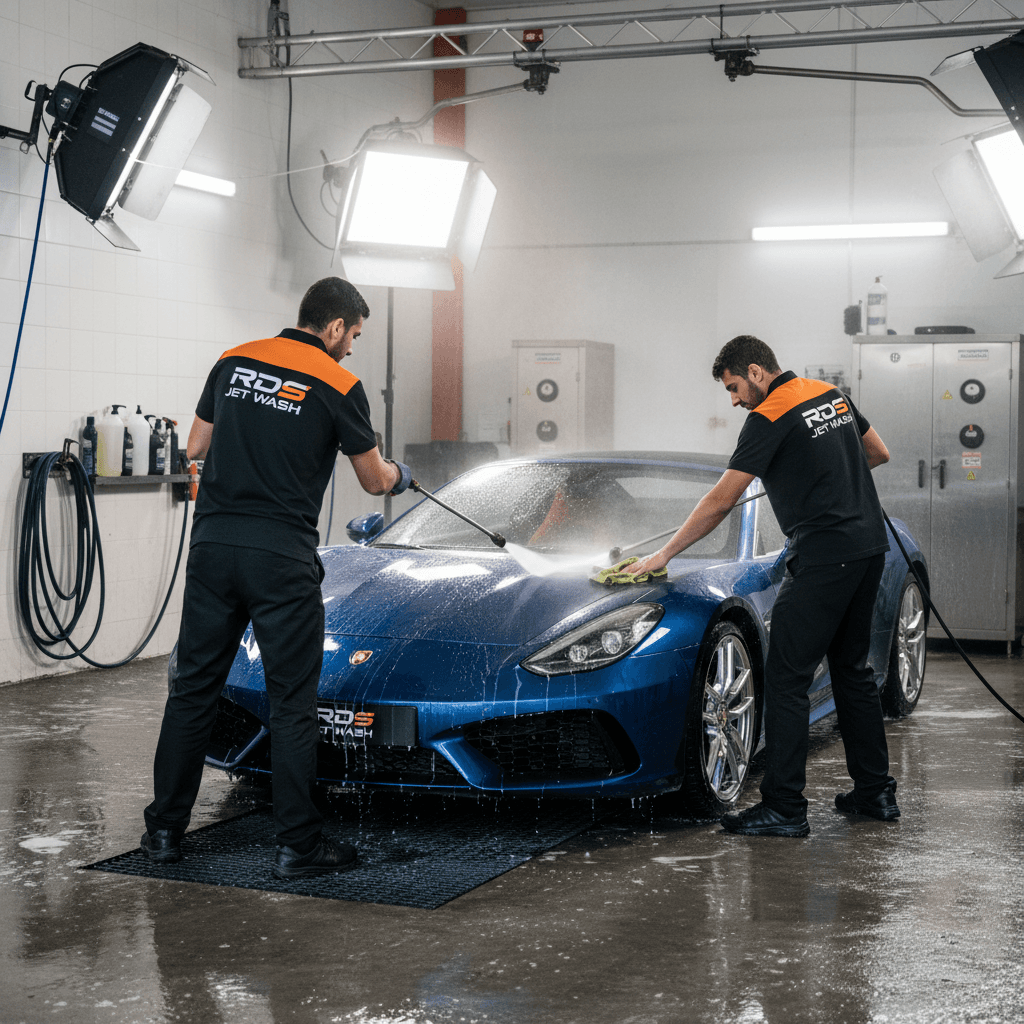 RDS Jet Car Wash team actively cleaning a vehicle