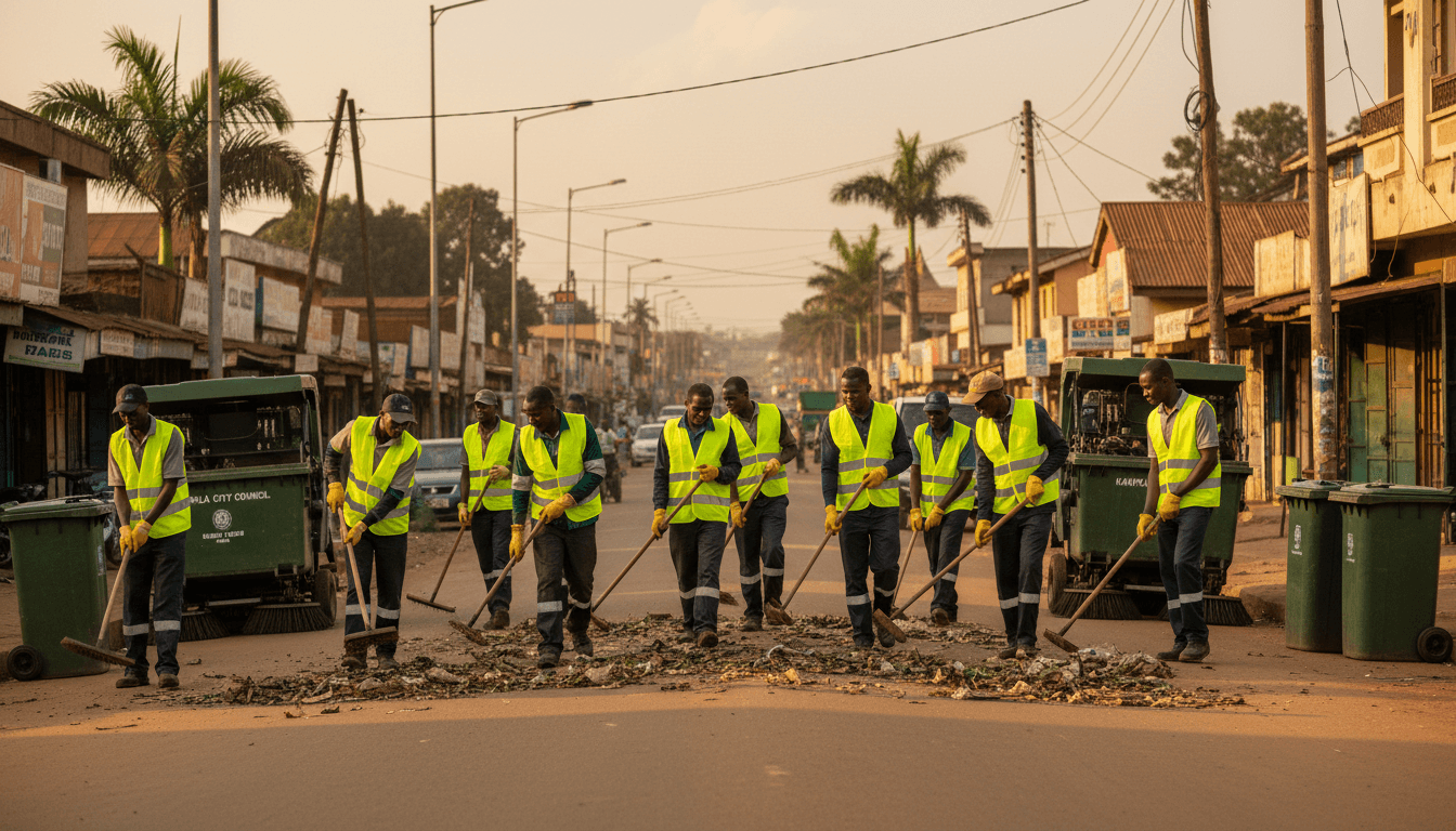 Rubaga Division SACCO community workers cleaning a Kampala street in coordinated team effort